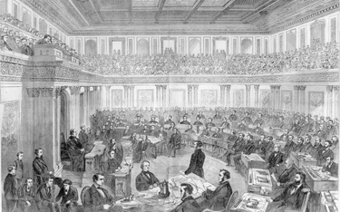 Proces prezydenta Andrew Johnsona w Senacie USA. Ilustracja Theodore’a R. Davisa opublikowana w tygo