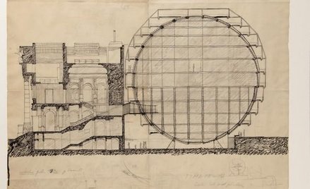 Oskar Hansen, Projekt rozbudowy Zachęty. Szkic pierwszej wersji projektu, 1958, wł. MASP