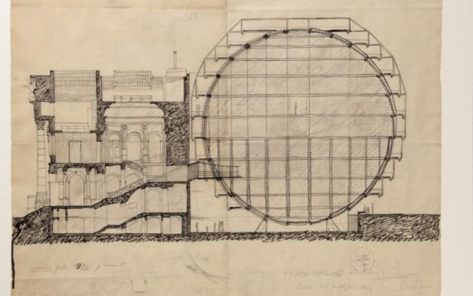 Oskar Hansen, Projekt rozbudowy Zachęty. Szkic pierwszej wersji projektu, 1958, wł. MASP