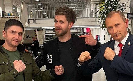 Antoni Królikowski i udawani Wołodymyr Zełenski i Władimir Putin