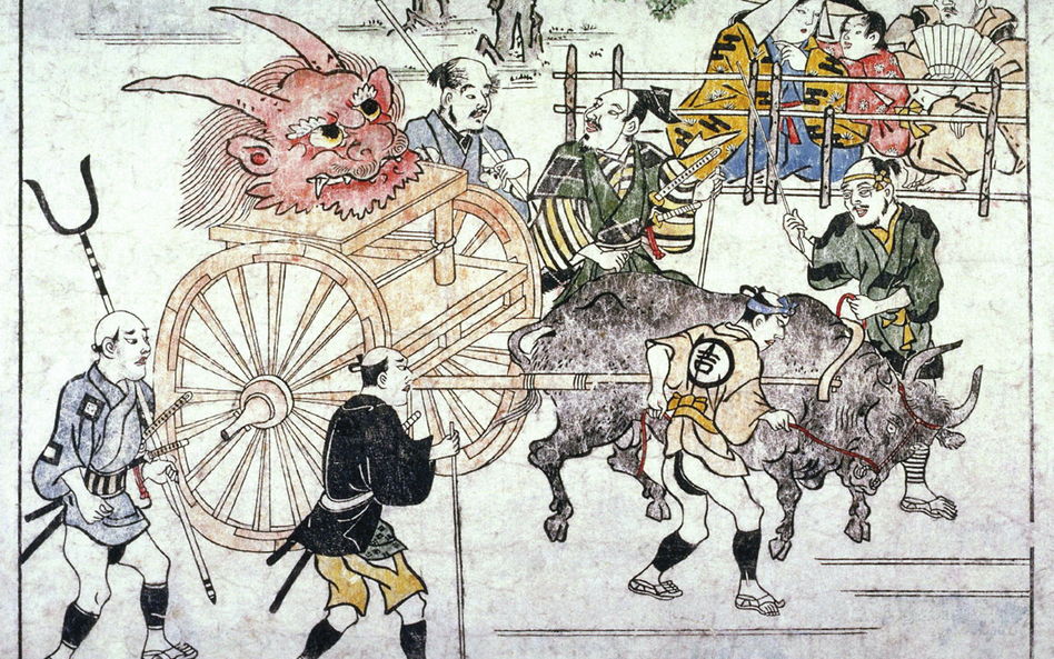 Moronobu Hishikawa (1618–1694), drzeworyt ukazujący ściętą głowę pokonanego Shuten-dōji zawiezioną t