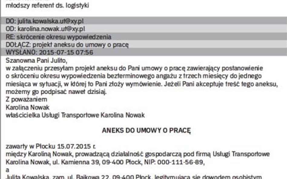 Przykład korespondencji e-MAILowej w sprawie aneksu do umowy
