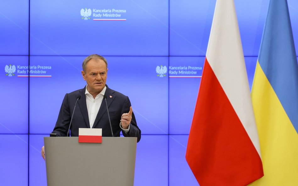 Premier Donald Tusk podczas wspólnej konferencji prasowej z prezydentem Ukrainy w siedzibie Kancelar