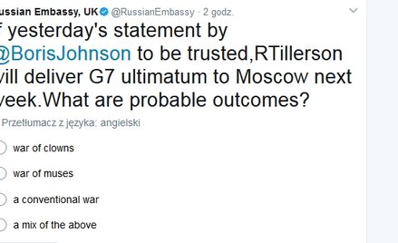 Rosyjska ambasada w Wielkiej Brytanii pyta internautów: Czy będzie wojna?
