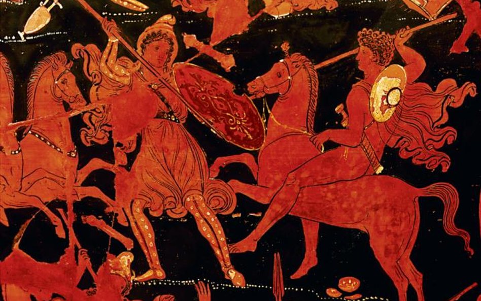 Amazonki z pewnością zaistniały w ceramice:?tu stawiają czoła jeźdźcom na attyckiej amforze z IV w. 