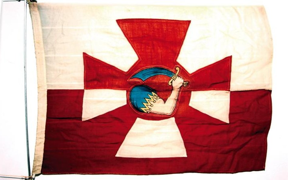 Proporzec Marynarki Wojennej przedstawia zbrojne ramię z tasakiem (bułatem) na tle krzyża kawalerski