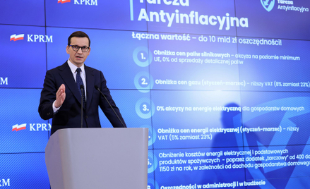 Premier Mateusz Morawiecki podczas konferencji prasowej  na temat tarczy antyinflacyjnej