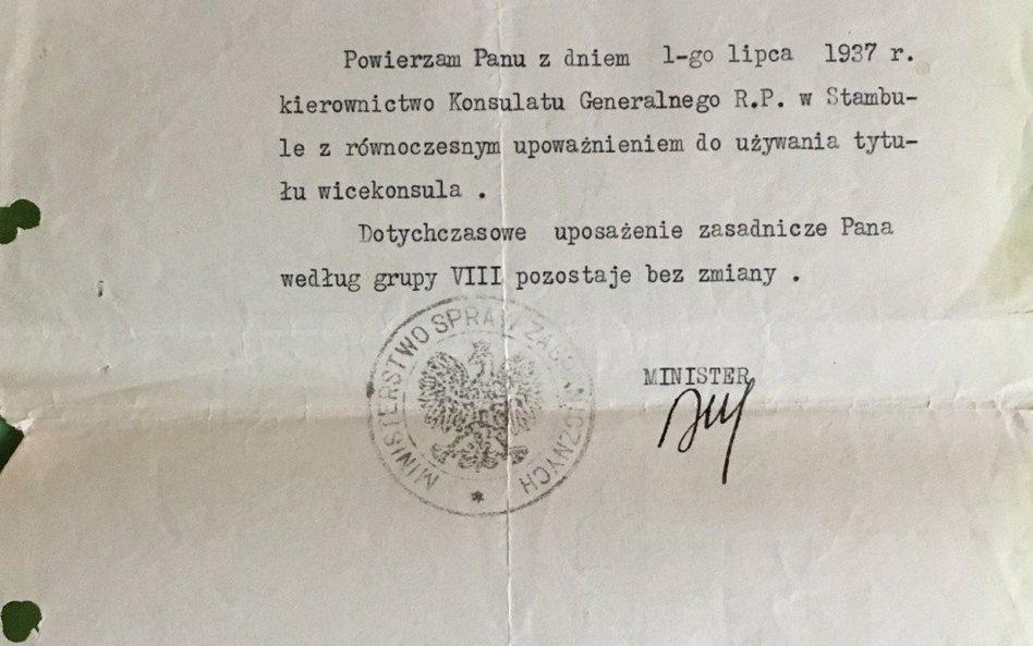 Nominacja dla Wojciecha Rychlewicza na stanowisko wicekonsula RP w Stambule od 1 lipca 1937 r. W cza
