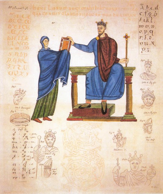 Księżna Matylda wręcza księgę liturgiczną Mieszkowi II Lambertowi