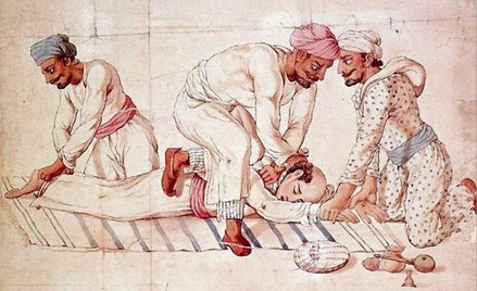 Akwarela nieznanego XIX-wiecznego artysty przedstawiająca trzech thugów zabijających śpiącego podróż