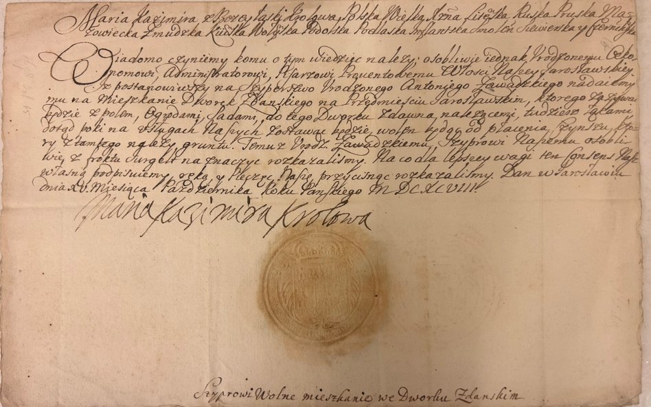 Przywilej Marii Kazimiery, królowej, na mieszkanie w dworku w Jarosławiu dla szlachcica Antoniego Za