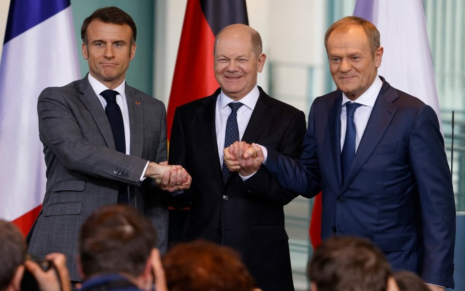 Emmanuel Macron, Olaf Scholz i Donald Tusk podczas spotkania Trójkąta Weimarskiego