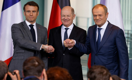 Emmanuel Macron, Olaf Scholz i Donald Tusk podczas spotkania Trójkąta Weimarskiego