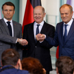 Emmanuel Macron, Olaf Scholz i Donald Tusk podczas spotkania Trójkąta Weimarskiego