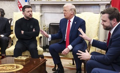 Wołodymyr Zełenski, Donald Trump i J.D. Vance w czasie spotkania w Białym Domu z lutego 2025 roku