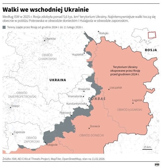 Rosyjskie zdobycze na Ukrainie od grudnia 2024 roku (MAPA, stan na 11 lutego 2026 roku)