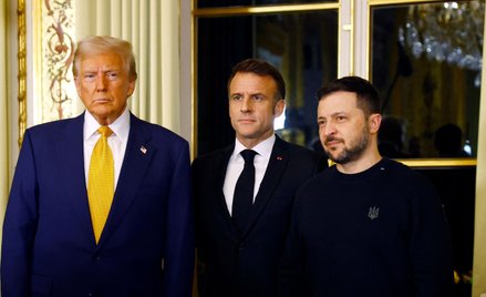 Prezydent-elekt USA Donald Trump oraz prezydenci Francji i Ukrainy, Emmanuel Macron i Wołodymyr Zełe