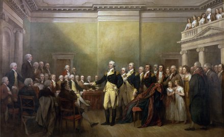 Obraz Johna Trumbulla przedstawia rezygnację George’a Washingtona ze stanowiska naczelnego dowódcy a