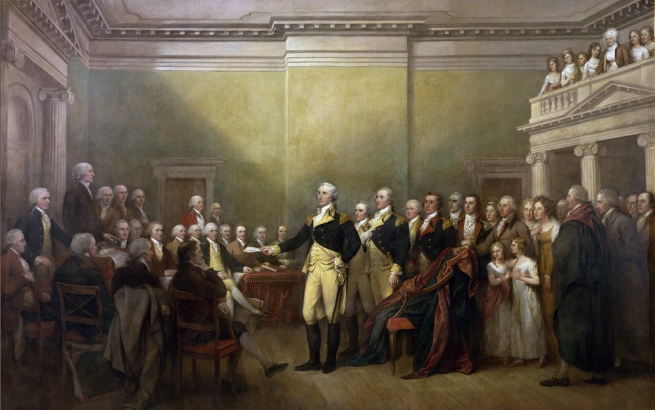 Obraz Johna Trumbulla przedstawia rezygnację George’a Washingtona ze stanowiska naczelnego dowódcy a