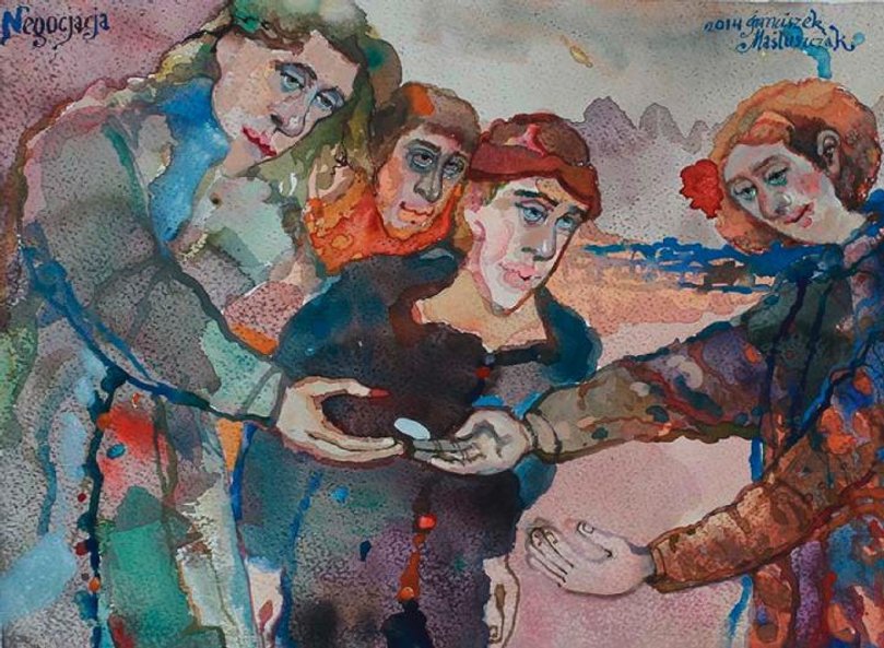 Akwarela Franciszka Maśluszczaka nosi tytuł „Negocjacja”.
