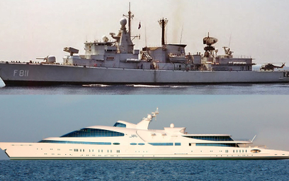 Porównanie sylwetek fregaty Piet Hein i zbudowanego na jego kadłubie megajachtu Yas.