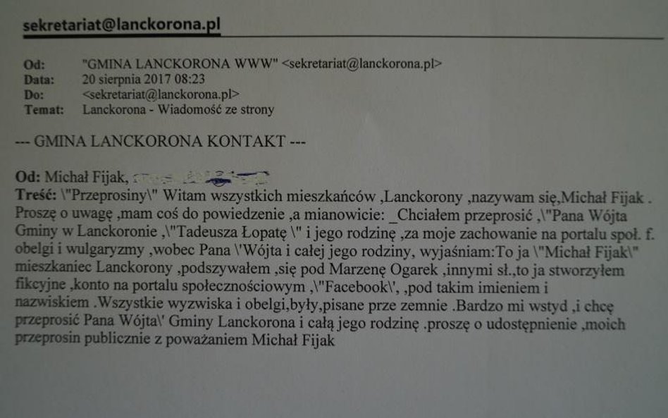 Taki mail pojawił się na profilu gminy Lanckorona na Facebooku