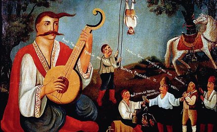 Kozak Mamaj, bohater ludowy – a w tle hajdamacy z baryłeczką i szubienicą. Obraz jakoby XIX-wieczny,