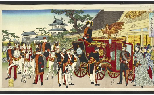 Cesarz Meiji (przy powozie) panował w Japonii w latach 1867–1912