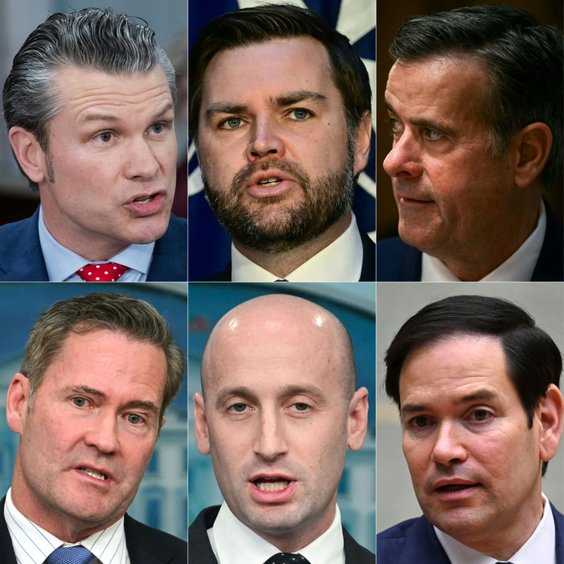 Od lewej, od góry: sekretarz obrony Pete Hegseth, wiceprezydent J.D. Vance, szef CIA John Ratcliffe,