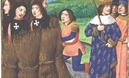 Król Francji Filip Piękny skazał rycerzy Zakonu Świątyni na śmierć przez spalenie (obraz z końca XV 