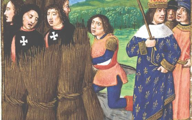 Król Francji Filip Piękny skazał rycerzy Zakonu Świątyni na śmierć przez spalenie (obraz z końca XV 