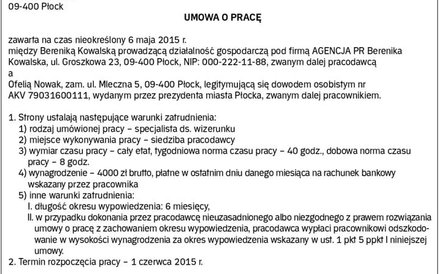 Przykład umowy o pracę z dodatkowymi gwarancjami