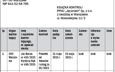 Wzór książki kontroli