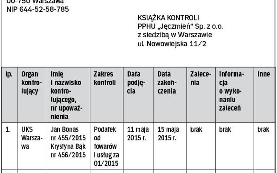 Wzór książki kontroli