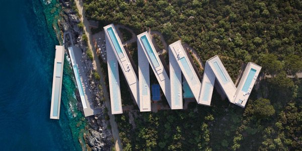 Futurystyczny hotel na albańskiej riwierze. Minimalistyczny zygzak na zboczu