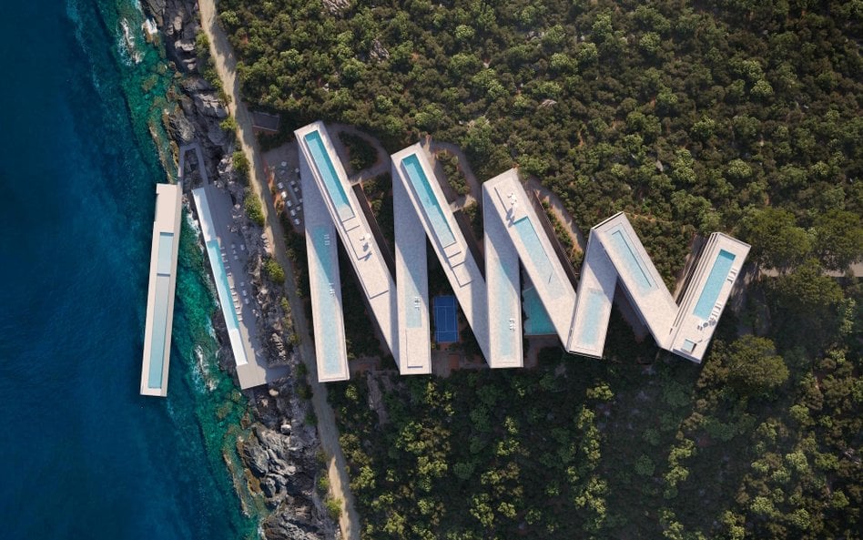 Futurystyczny hotel na albańskiej riwierze. Minimalistyczny zygzak na zboczu