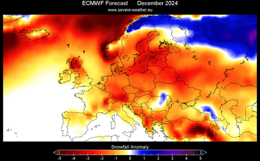Model prognozowania ECMWF przewiduje deficyt opadów śniegu w grudniu 2024