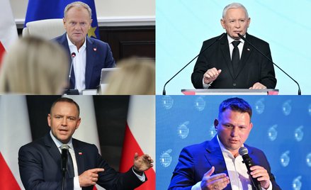 Donald Tusk, Jarosław Kaczyński, Karol Nawrocki i Sławomir Mentzen
