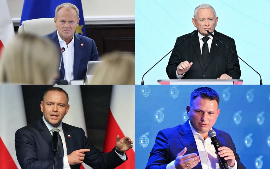 Donald Tusk, Jarosław Kaczyński, Karol Nawrocki i Sławomir Mentzen