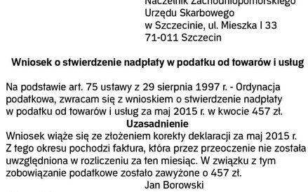 WZÓR – Wniosek o stwierdzenie nadpłaty