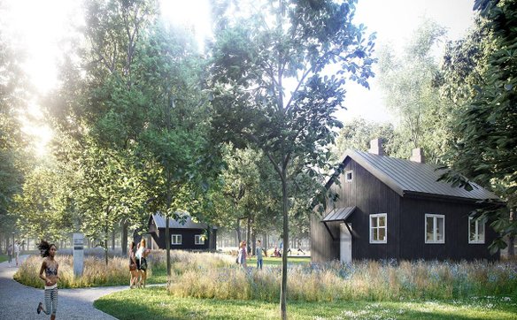 Wizualizacja odtworzonych domków fińskich na Polu Mokotowskim