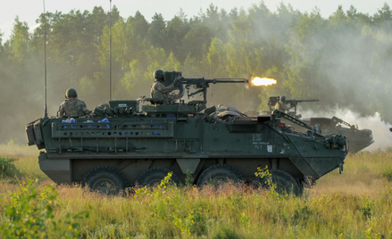 Transportery opancerzone Stryker armii amerykańskiej podczas ćwiczeń na poligonie w Orzyszu, lipiec 