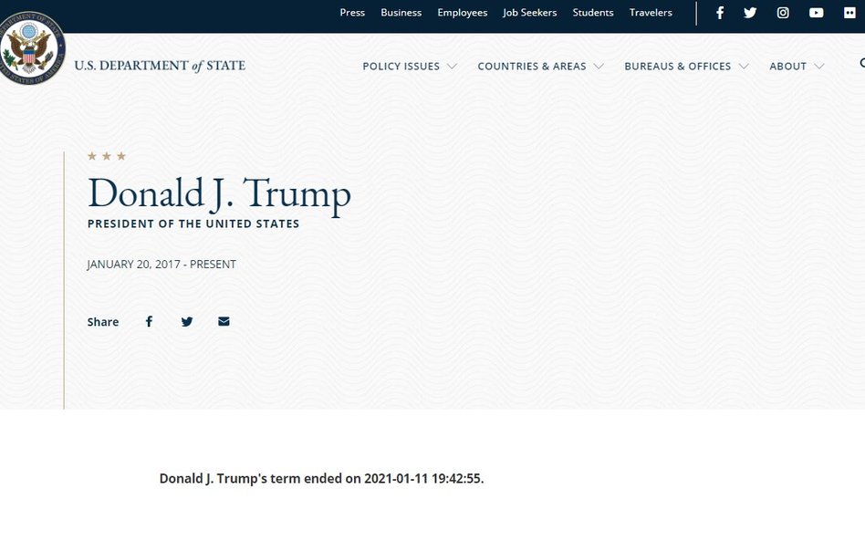 Strona Departamentu Stanu: Kadencja Trumpa się zakończyła