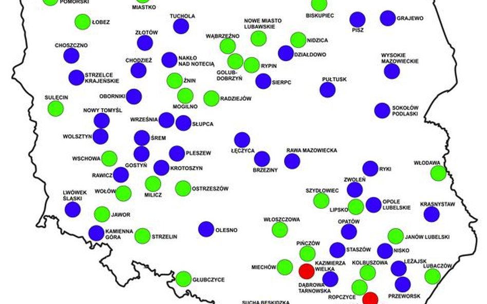 Sądy oznaczone kolorem niebieskim odzyskały samodzielność 1 stycznia 2015 r., oznaczone kolorem ziel