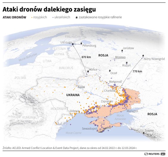 Ataki dronów dalekiego zasięgu na Ukrainie i w Rosji
