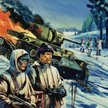 Fińscy żołnierze na tle płonącego sowieckiego czołgu, rys. Gerry Wood
