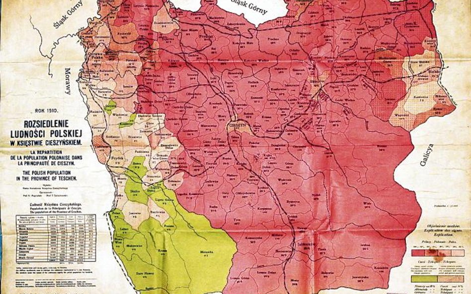 Kolorem czerwonym oznaczono obszary zamieszkane przez ludność polską, zielonym – czeską
