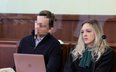 Oskarżony Sebastian M. (L) oraz jego pełnomocniczka mec. Katarzyna Hebda (P) na sali Sądu Rejonowego