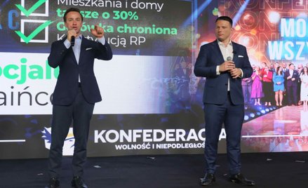Kampania wyborcza do parlamentu 2023. Liderzy Konfederacji Sławomir Mentzen (z prawej) i Krzysztof B