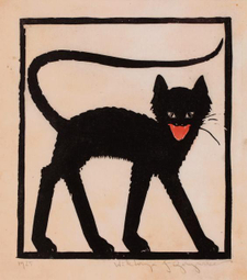 Efektownie wygląda drzeworyt „Czarny kot” Wiktorii Goryńskiej.